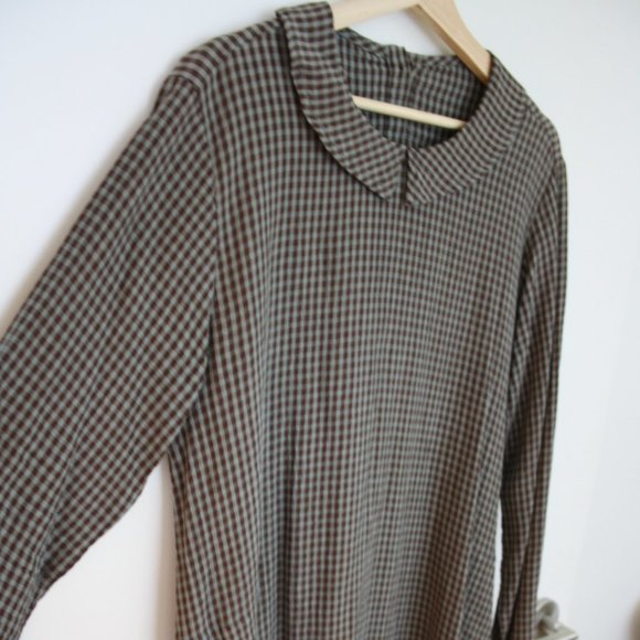 Flax Tops - Vtg FLAX gingham tunic light blue&brown peter panM